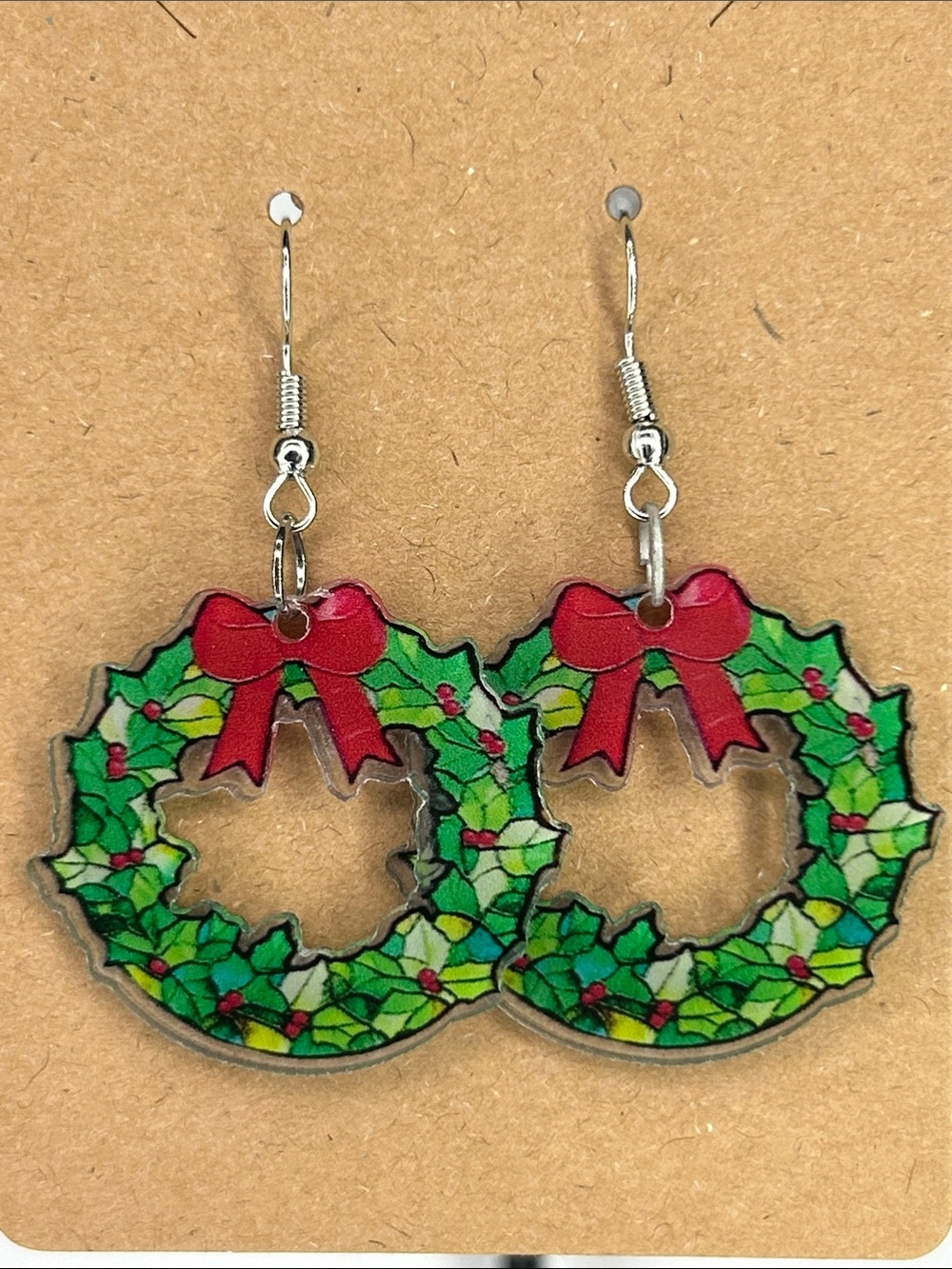 Festive Green Wreath Earrings with Red Bow Christmas Holiday Fashion Jewelry